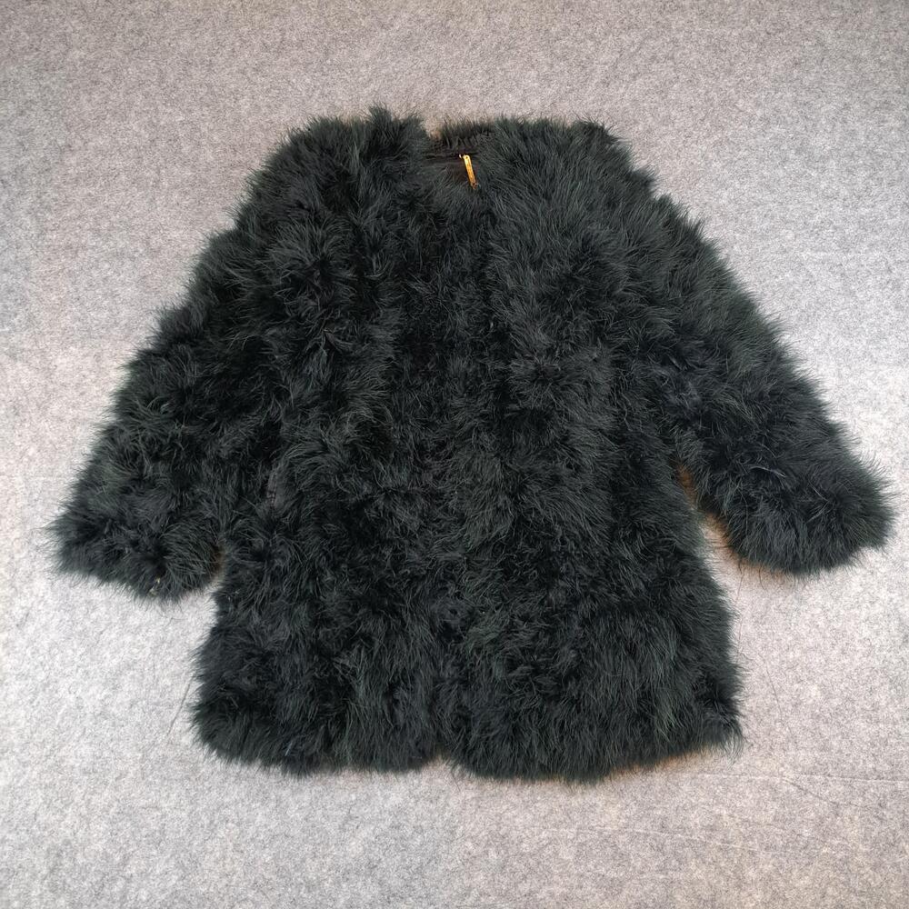 House of CB Faux Fur Shaggy Coat Womens Black Open Front Lined Jacket Feathers